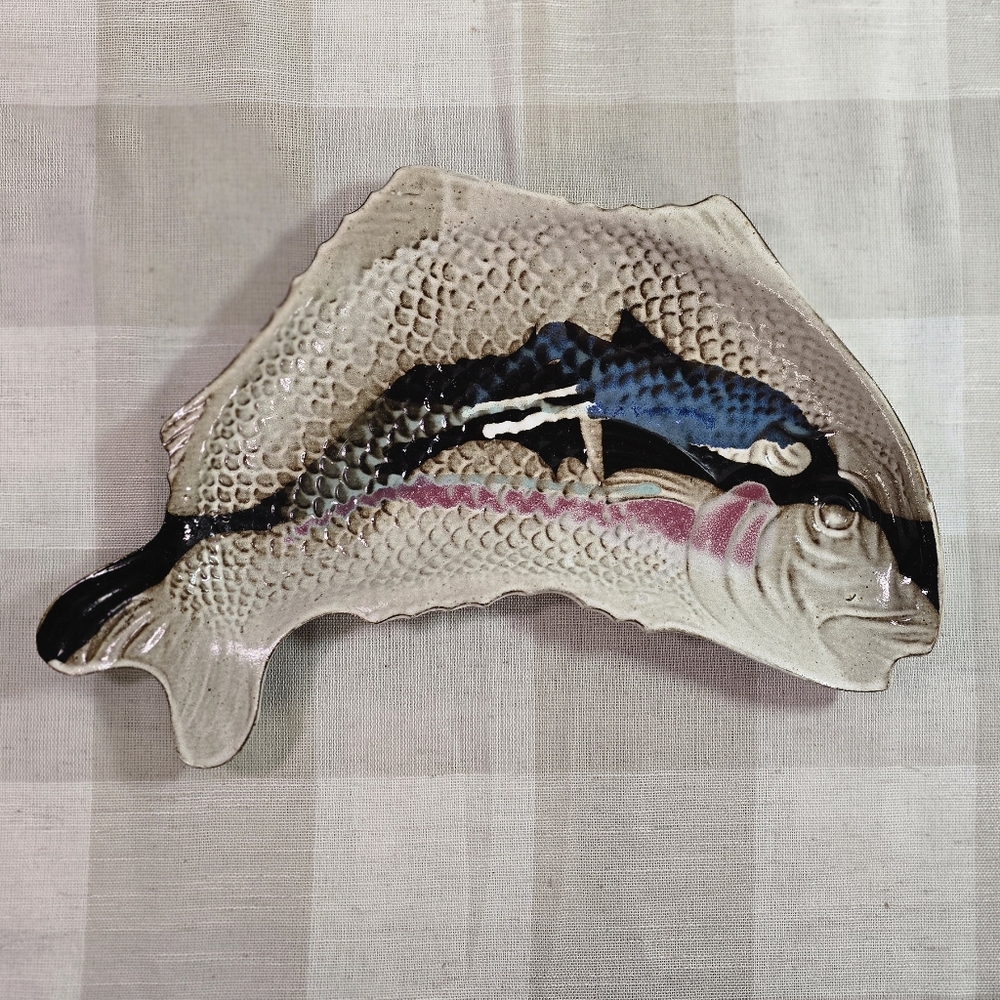 Handmade Trout Salmon Fish Shaped Ceramic Stoneware Plate Dish Signed Hawaii 15"